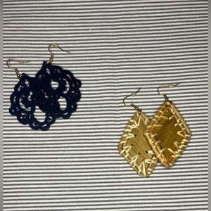 dark blue and light wood colored dangling ear rings